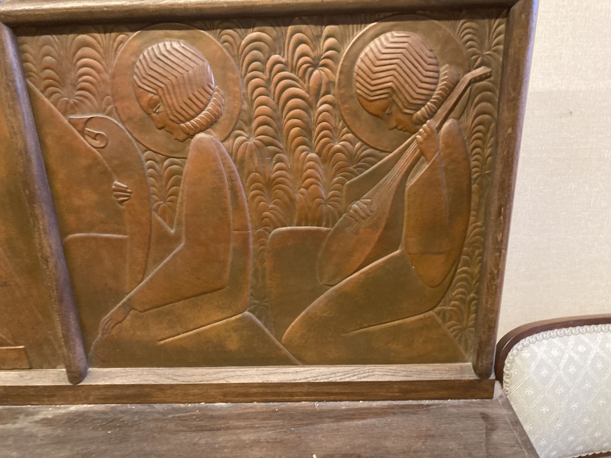 An Arts & Crafts oak and embossed copper triptych by Felix Jacques, signed and dated 1928, width 175cm, depth 26cm, height 112cm